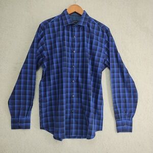 Bugatchi Shirt Mens Classic Fit Blue Plaid Long Sleeve 100% Cotton Button Up